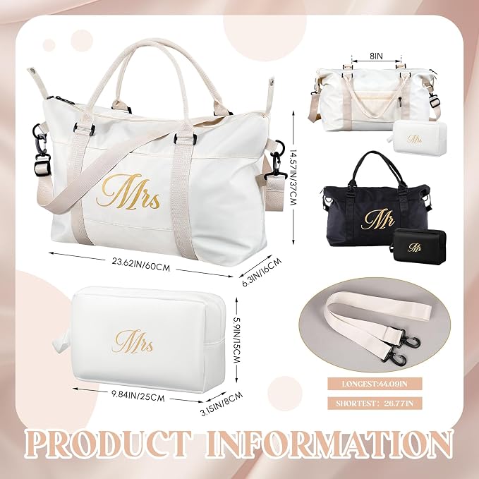 Sanwuta 4 Pcs Mr Mrs Duffel Bag Set 2 Honeymoon Travel Bags with 2 Toiletry Pouches Weekender Gym Tote for Couple Wedding Engagement Valentines His Hers Gifts Bridal Shower Gifts - Image 2
