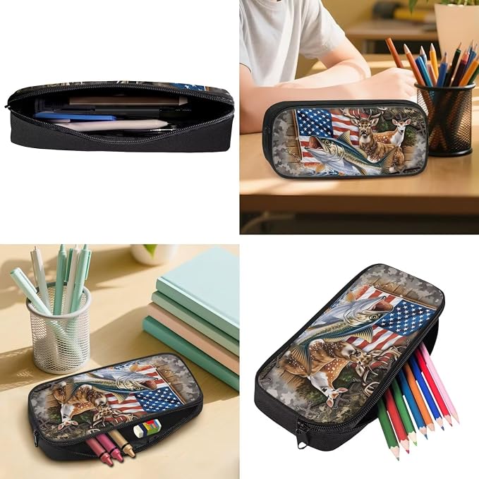 GIFTPUZZ 4 Piece Camouflage Deer Fish American Flag Backpack Set for Kids | Patriotic Bookbag with Lunch Box for Boys Elementary School, Zip up Pencil Case Pouch, Water Bottle Sleeve, Ages 6-8 - Image 5