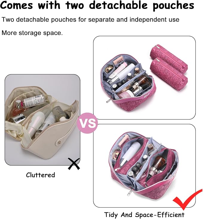 BOYATU Travel Makeup Bags Cosmetic Organizer Bag: 3 Pcs Set Large Capacity Floral Make up Bag with Compartments - Waterproof Leather Toiletry Bags with Handle for Women (20-Red) - Image 4