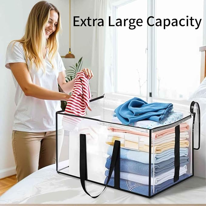 8 Pack-Extra Large Heavy Duty Moving Bags - Waterproof Storage Totes with Handles & Zippers, Foldable for College Dorm, Storage (Clear) - Image 8