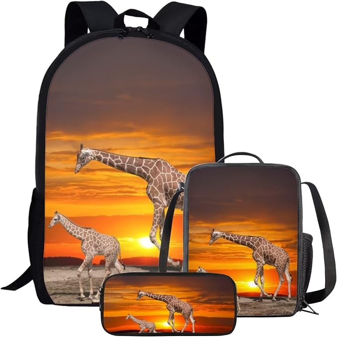 Kids Novelty Animal Backpack and Lunch Box for Boys Girls Student Lightweight 17 Inch School Masai Giraffe Backpack with Lunch Bag Pencil Case Kids Comfy Padded Black Large Bookbag by Parprinty