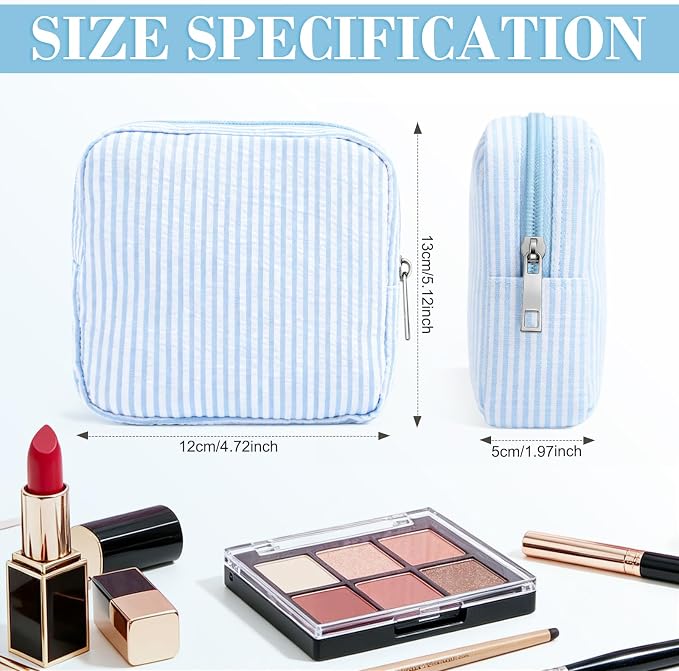 Giesiery 8 Pcs Seersucker Makeup Bags Striped Cosmetic Bags Bulk Organizer for Women Preppy Travel Toiletry Pouch for Wedding Bridesmaid Gifts (Blue, Mini) - Image 2