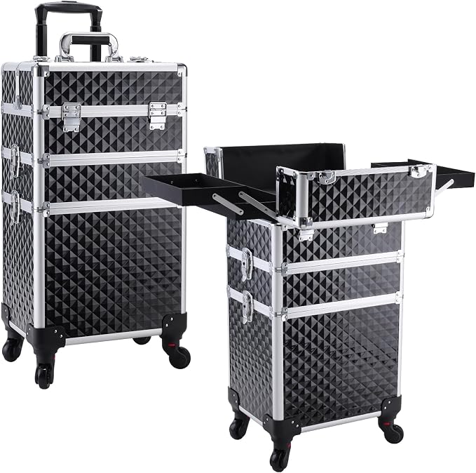 FRENESSA 3 in 1 Rolling Makeup Case Cosmetology Case on Wheel Vintage Black | Cosmetic Trolley Large Storage with Keys 360° Swivel Salon Barber Case Traveling Cart Trunk for Artist Hairstylists Nail Tech by Frenessa