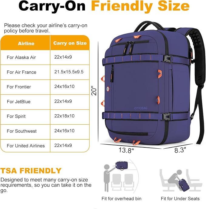 40L Travel Backpack 17.3" Laptop Carry On Duffel Flight Approved | TSA Approved, Wet & Dry Compartment, Water Resistant, Anti-Theft Pocket, Luggage Strap, USB Charging Port - Image 2
