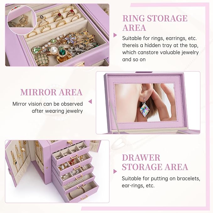 AKOZLIN 6-Tier Jewelry Box Organizer Functional 5 Drawers Leather Jewelry Storage Case for Women Girls Ring Necklace Earring Bracelet Holder Organizer with Mirror Light Purple Regular - Image 2