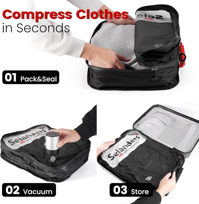 Vacuum Travel Bags with Pump for Car Camping & Backpacking - 6.0kPa Wireless Pump, Odor/Waterproof Anti-Rip Nylon Organizer & Space Saver (24L*2, 17L*1, 3-Pack) - Image 9