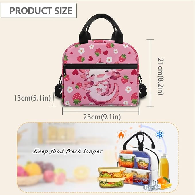 Axolotl Backpack for Girls 17Inch School Bag Set | Girls Schoolbag Strawberry Backpack Set with Lunch Box and Pencil Pouch 17 Inch Laptop Bag Casual Daypack, 3Pcs - Image 5