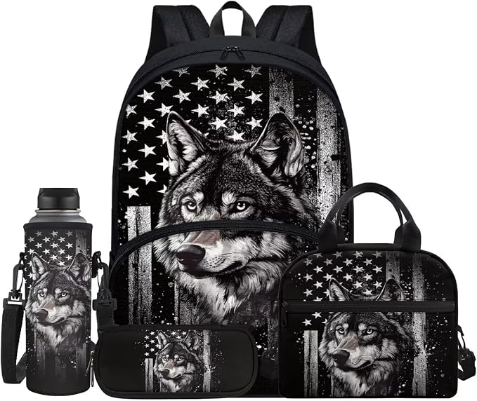 Wolf School Backpack for Boys, American Flag Black Bookbag Set of 4, Kids 17 Inch Laptop Backpack Pen Case Lunch Box Water Bottle Holder for Middle Elementary Senior Year School Ages 8-10 by Jndtueit