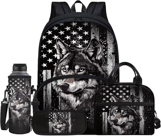 Wolf School Backpack for Boys, American Flag Black Bookbag Set of 4, Kids 17 Inch Laptop Backpack Pen Case Lunch Box Water Bottle Holder for Middle Elementary Senior Year School Ages 8-10 by Jndtueit