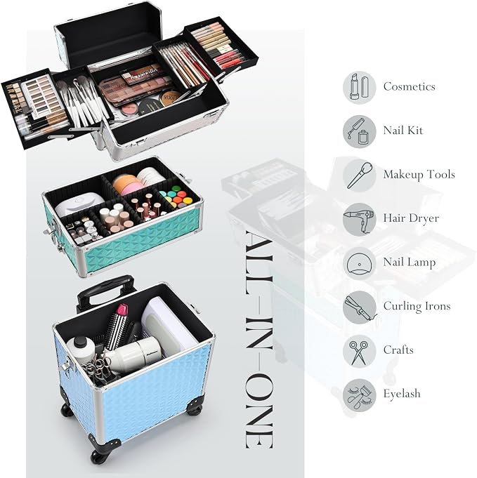 Professional Rolling Makeup Train Case 3 in 1 Aluminum Trolley Case with 360° Rotation Wheels for Makuep Artist Cosmetic Suitcase Organizer with Lock and Key Diamond Pattern - Turquoise Cascade - Image 3