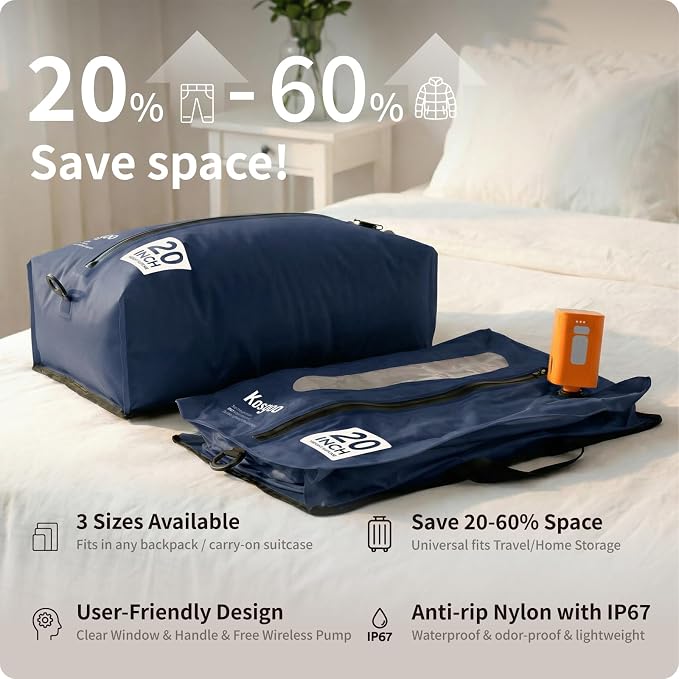 Vacuum Seal Bags for Travel with Pump, Navy, 20+20+28 | Reusable Nylon, Compression Packing Cubes, Space Saving for Carry-On Checked Suitcase & Backpack, Odor & Waterproof, 3 Pcs - Image 2