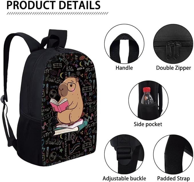 Capybara Book Print Reusable School Bookbag Set for Boys and Girls, Lightweight Large Backpack Set with Insulated Lunch Bag Pen Case, Durable Knapsack Set for School or Travel, Black - Image 4