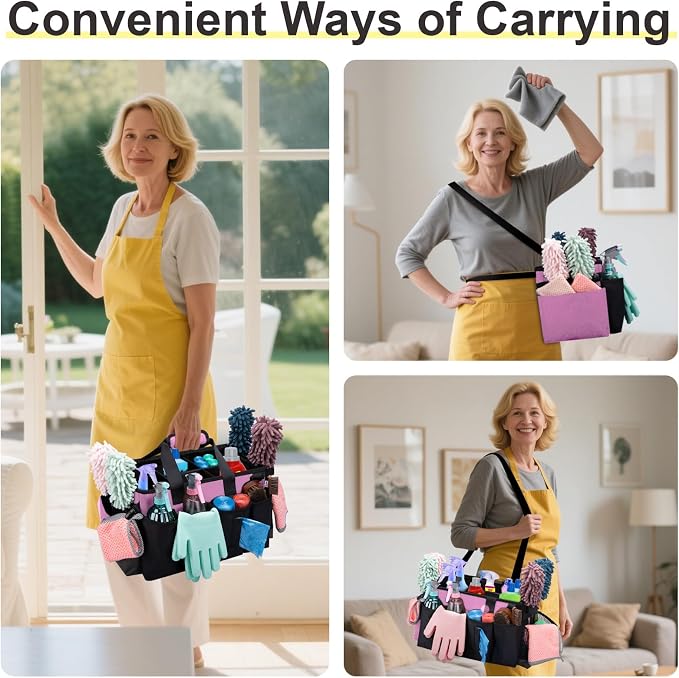 Wearable Large Cleaning Caddy Bag for Housekeeper, Clean Supply Organizer with Adjustable Shoulder, Waist & Handle Straps, Detailing Bag for Kitchen Supplies (Pink) - Image 7