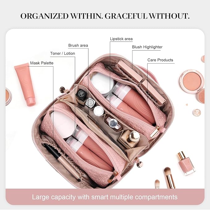 Travel Makeup Bag for Women: 3 Pcs Set Cosmetic Bags for Women - Large Capacity Vagen Leather Hand-made for Toiletry Organizer - Waterproof Ladies Travel Flat Open Essentials for Luxury (01Pink) - Image 7