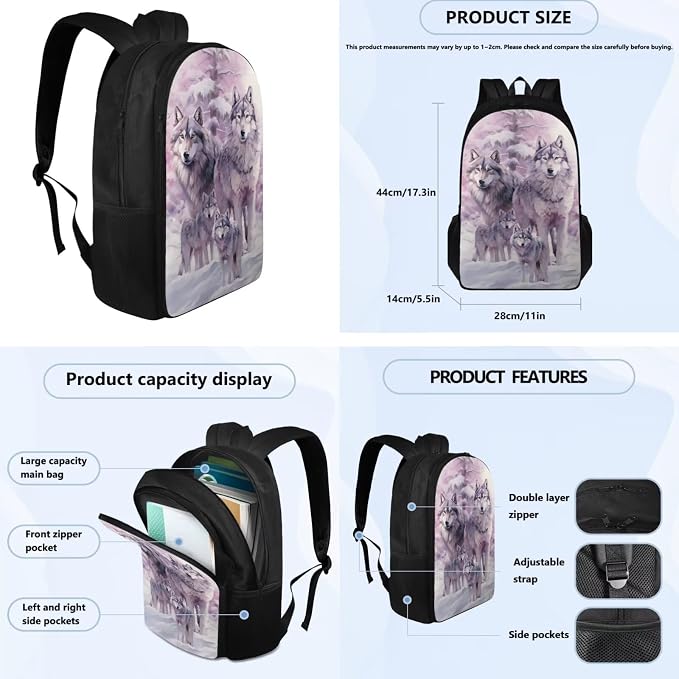 Wolf Backpack for Girls Kids Backpack with Lunch Box Water Bottle Carrier and Soft Pencil Case 4PCS Set Bookbag with Compartments for School 17 inch Large Capacity School Bag and Side Pocket - Image 4