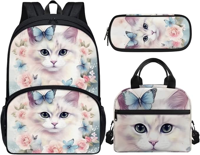 Butterfly Floral Cat Print Backpack Set for Girls Kids Lightweight Cute School Backpack with Lunch Box Pencil Case Adjustable Strap Padded Book Bag Insulated Lunch Bag - Image 2