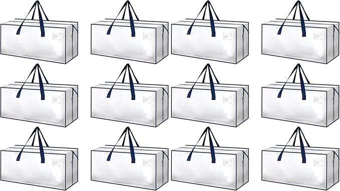 HealSmart 12 Pack Extra Large Moving Bags with Zippers & Carrying Handles, Heavy-Duty Storage Tote Moving Boxes for Dorm Room Essentials Storage Bags, Clear by HealSmart