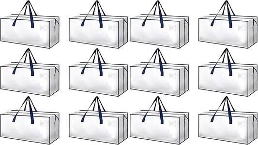 HealSmart 12 Pack Extra Large Moving Bags with Zippers & Carrying Handles, Heavy-Duty Storage Tote Moving Boxes for Dorm Room Essentials Storage Bags, Clear by HealSmart