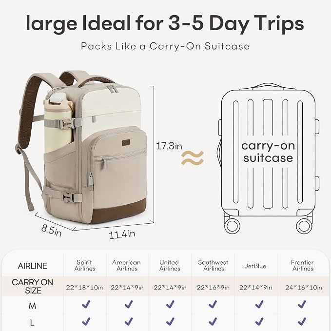 mibasies 30L Travel Backpack for Women & Men: Flight Approved Carry On Backpack, TSA Personal Item Bag with Water Bottle Pocket, Weekender Essentials Backpacks fits 15.6" Laptop - Khaki Ivory - Image 6