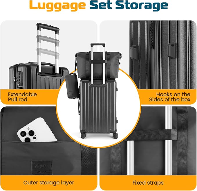Hoteel Luggage Sets 5 Piece (4-YEARS WARRANTY), ABS+PC Suitcases with Wheels and Side Hook, Hardshell 20/24/28 inch Luggage with Duffel Bag Travel Bag, Black - Image 5