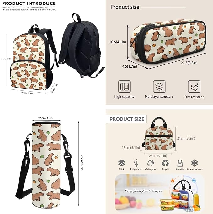 4Piece Personalized Cartoon Capybara Backpack Kids Schoolbag Sets with Lunch Box,Pencil Case Water Holder Sleeve Crossbody Bag for Boy Girl 9-10,17Inch Large Capacity Bookbag Casual Daypack - Image 4