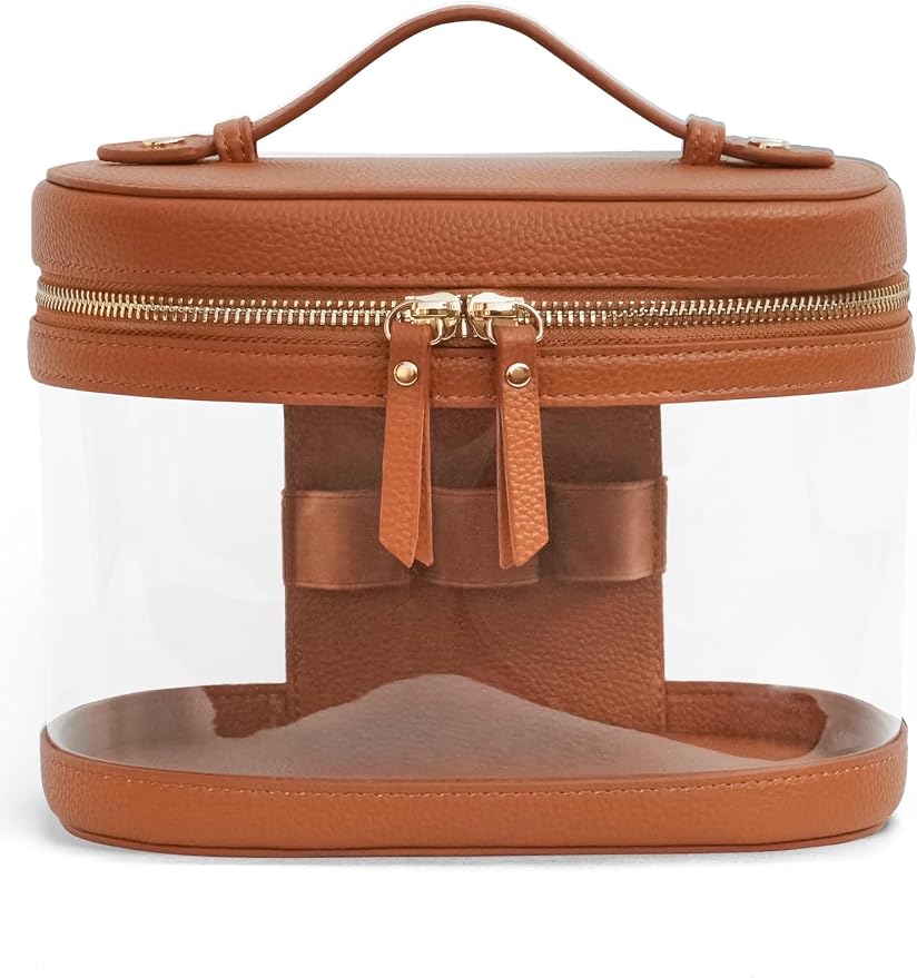 Popvibe Travel Makeup Case Clear Vanity Bag with Brush Holder, Compact Leather Train Case Brown Make Up Bag Storage Organizer Luxury Cosmetic Case Travel Essentials Cute Portable with Handle by POPVIBE