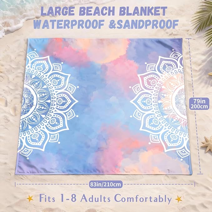 AlphaBeing Beach Blanket Waterproof Sandproof, Extra Large Beach Mat for 1–8 Adults, Oversized Picnic Blanket with 4 Stakes & Storage Bag, Essential Beach Gear for Travel - Image 2
