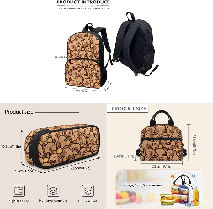 3Pcs Capybara Print Backpacks Set for school, Kids Bookbag Students Knapsack with Insulated Lunch Box Pencil Case for Teens Girls - Image 5