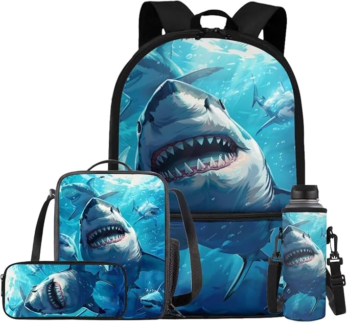Shark Backpack for Boys Kids Backpack with Lunch Box Water Bottle Carrier and Large Pencil Case 4PCS Set Bookbag with Front Pocket for School Teens 17 inch Sturdy School Bag for Girls by ELEDIZI