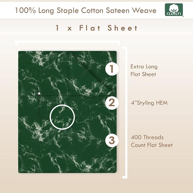 Pizuna Pure 100% Cotton Flat Sheets Only Full Marble Green (1 PC), Luxurious 400 Thread Count Long Staple Cotton Sateen with 4" Hem (Combed Full Flat Sheet Only Cotton) - Image 3
