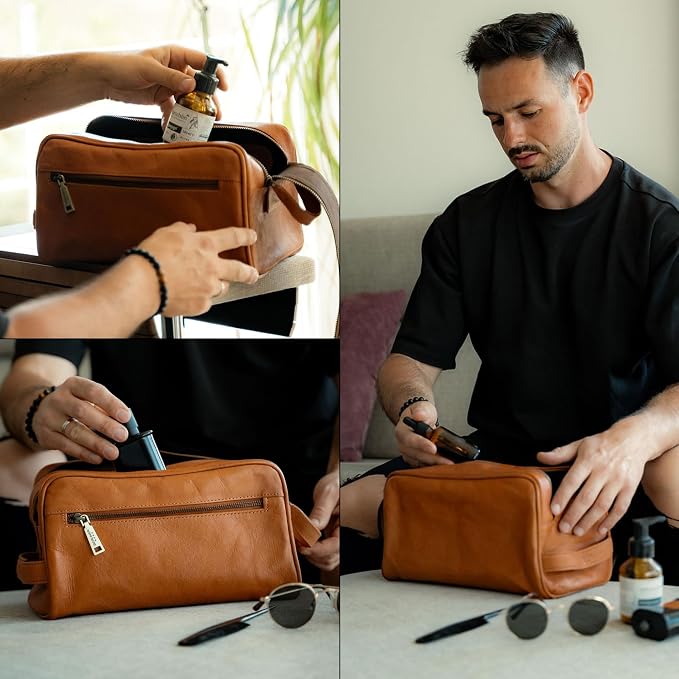 BERLINER BAGS Vintage Genuine Leather Toiletry Bag Tim XL, Large Capacity Cosmetics Bag for Men and Women for Travel, Gift for Dad - Brown - Image 7