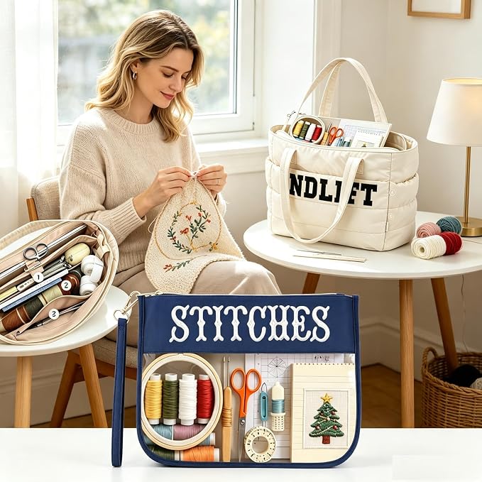 Needlepoint Tote Bag & Clear Zipper Pouch—Puffy Craft Organizer-Beige/Navy | Lightweight Puffy Project Bag for Embroidery Sewing Craft Storage Organizer/ 20L/Padded compartment– Gifts for Stitchers - Image 2