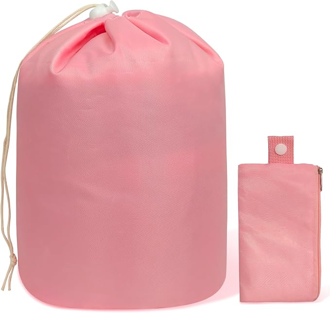INVODA Drawstring Makeup Bag for Women Cosmetic Bag Large Travel Make up Bags Portable Barrel Toiletry Bag Toiletries Pouch Travel Cosmetic Organizer (Pink) by INVODA