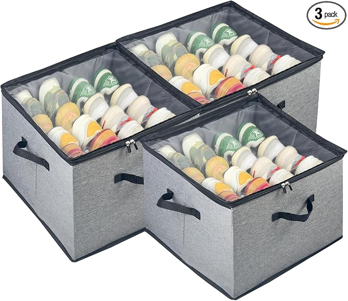 Shoe Organizer for Closet, 3 Pack Shoe Storage Bins with Clear Cover, Adjustable Dividers Fits 24-48 Pairs, Grey by Vexalora