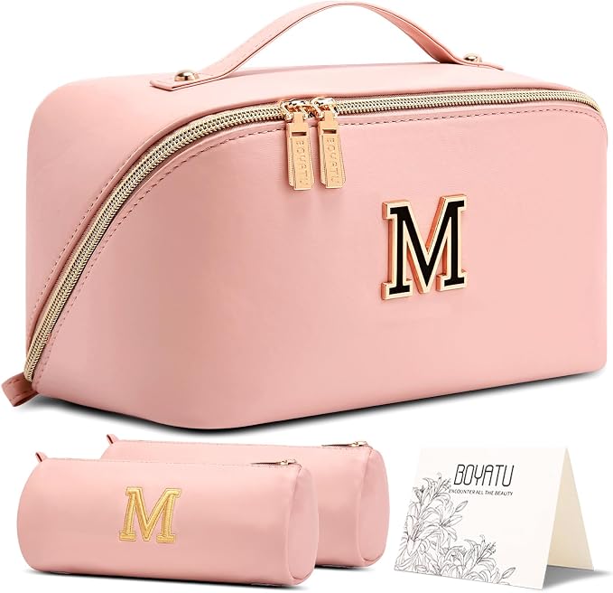 BOYATU Personalized Travel Makeup Bag: 3-in-1 Cosmetic Bag Gift for Women | Initial Make up Bag Organizer - Custom Letters A-Z - Flat Open Portable Toiletry Bag for Birthday Graduation Anniversary by BOYATU