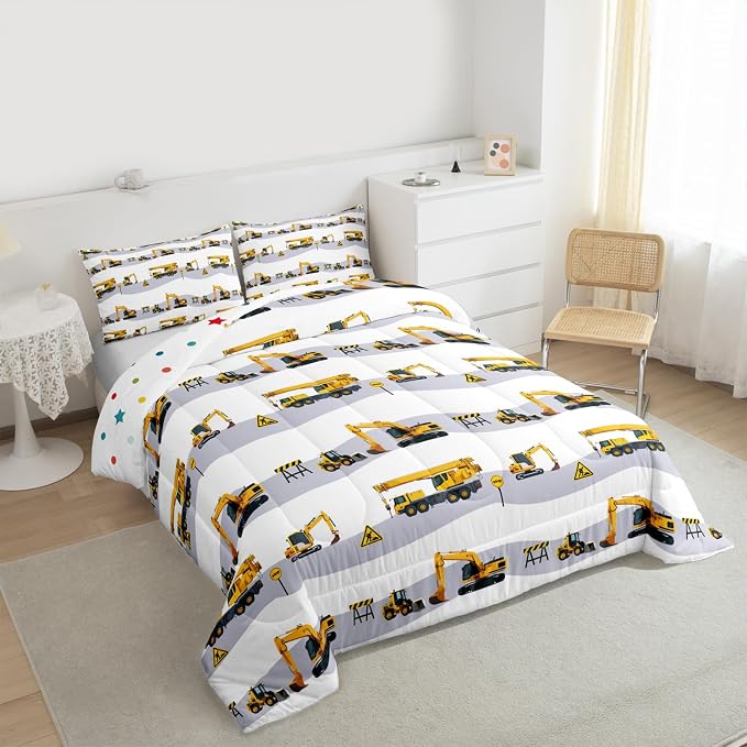 Construction Excavator Comforter Set for Boys, Kids Tractor Truck Down Comforter Twin, Machinery Crane Mixer Bedding Set for Girls Teen Bedroom Cartoon Vehicle Duvet Sets with 1 Pillow Case - Image 4