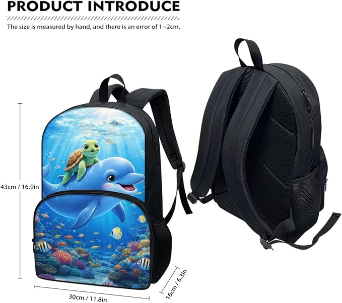 Sea Turtle Dolphin School Backpack for Kids Girls Boys Teens 17 in Bookbag Set 4 Pcs Elementary College Students School Laptop Backpack Lunch Box Pen Case Water Bottle Carrier Bag - Image 2