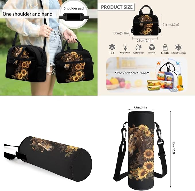 4Pcs Sunflower Horse Schoolbag and Lunch Box Pencil Bag Water Holder Bag for Boy 10, Preschool, Outdoor Travel Ruckpack Laptop Bags - Image 4