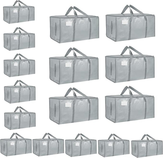 16 Pack-Extra Large Heavy Duty Moving Bags - Waterproof Storage Totes with Handles & Zippers, Foldable for College Dorm, Storage (light gray) by Unknown