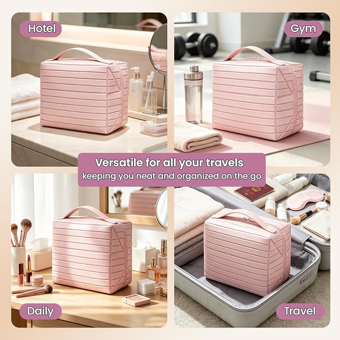 Fold Down Standing Makeup Bag – Large Travel Toiletry Organizer (Pink) | Parallel Design and Adjustable Dividers, Stands Upright or Folds Flat. Multiple Pockets Fit Full‑Size Cosmetics & Toiletries. - Image 2
