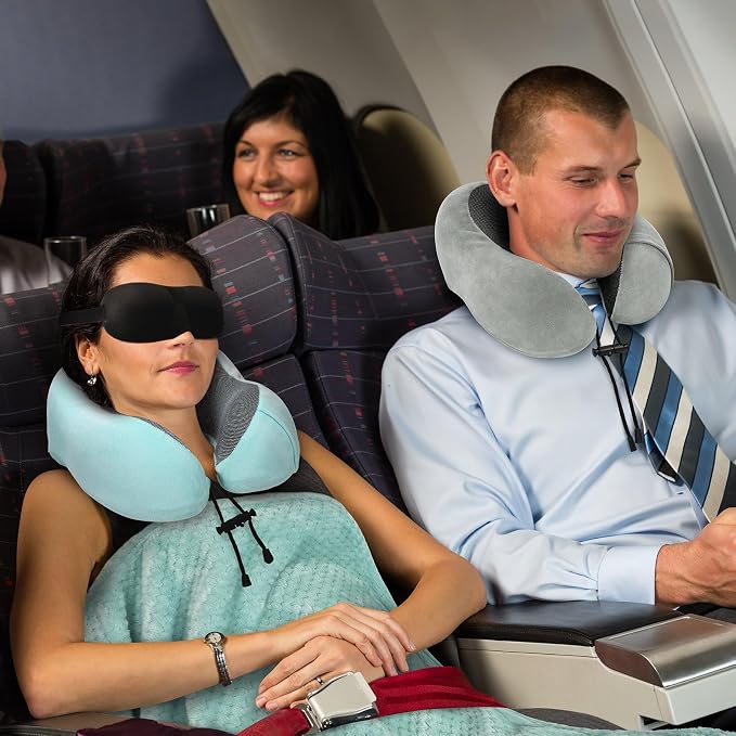 urnexttour Travel Pillow and Blanket Set Neck Pillows Soft Blankets with Sleep Mask Travel Essentials for Airplane Car Memory Foam Blue Green - Image 6