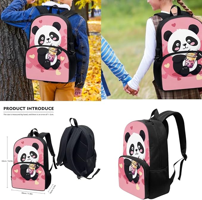 Panda Backpack for School,4Pack Cute Icecream PandaSchoolbag with Insulated Lunch Bag，Pencil Case,Bottle Holder Pouch for Girls,Toddler Backpack Elementary School Bookbag 17inch - Image 3