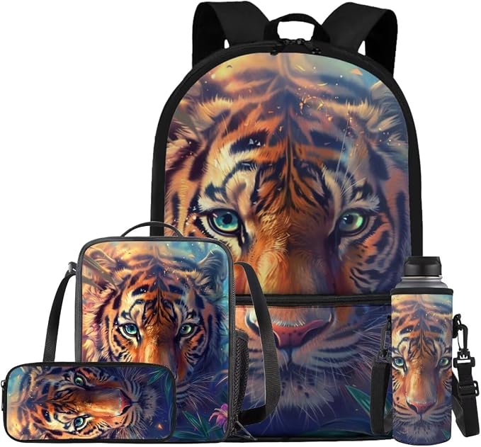 Tiger Backpack for Kids Girls Backpack with Lunch Box Water Bottle Bag and Big Pencil Case 4PCS Set Bookbag with Front Pocket 17 inch Large Capacity School Bag with Side Pocket for Boys by ELEDIZI