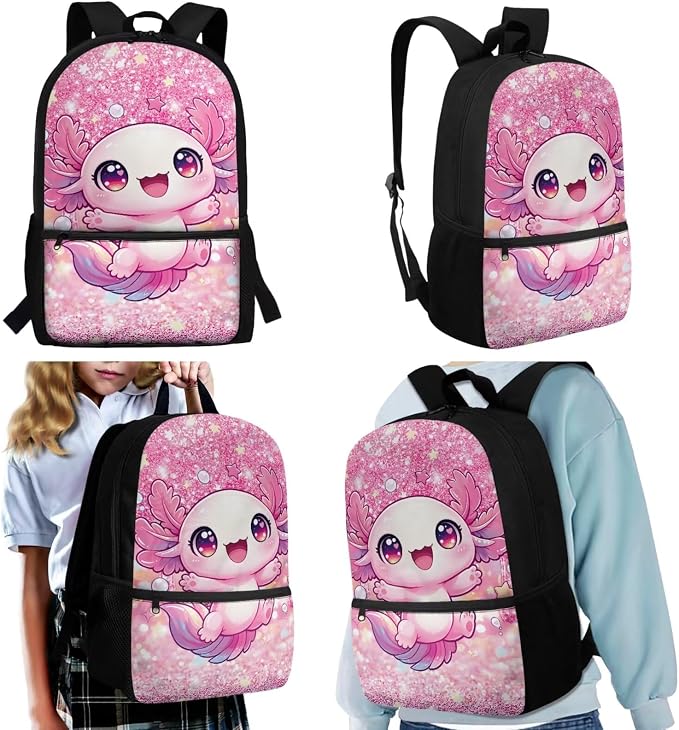 Sparkle Axolotl Kids Backpack 4-Piece Set, 17'' Cute Bookbag with Lunch Bag, Pencil Case & Water Bottle Holder, Lightweight School Bag Gifts for Girls Age 6-12 - Image 2