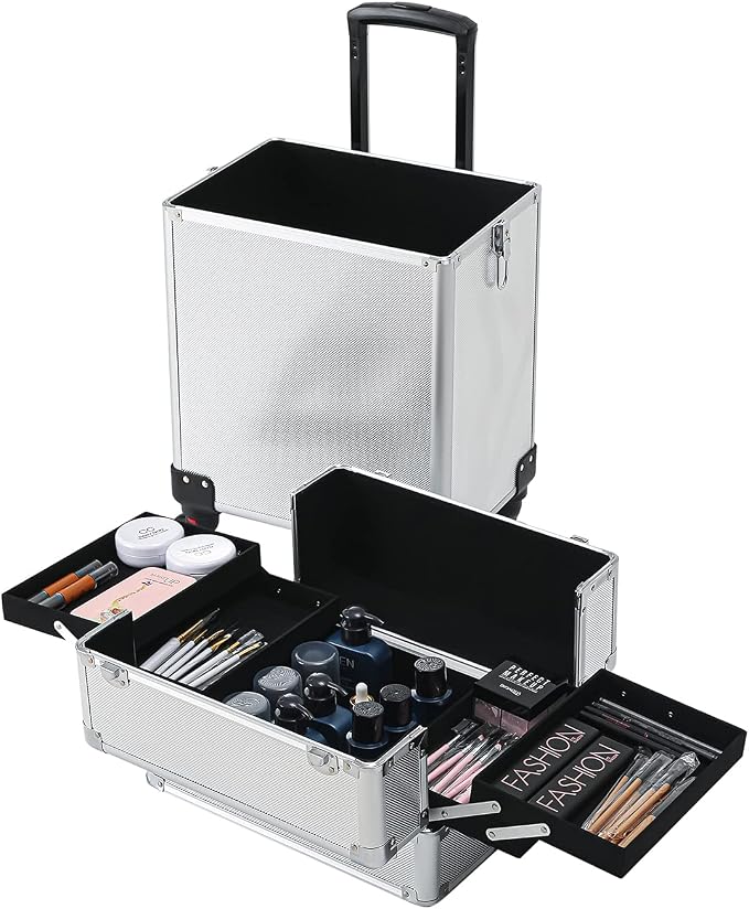 Karl home 4 in 1 Makeup Train Case Rolling Cosmetic Trolley Large Capacity Travel Organizer with Key 360°Swivel Wheels Suitcase for Beauticians Hairstylists Nail Tech Students, Silver - Image 7