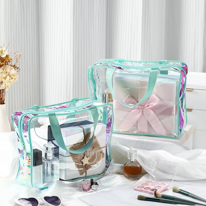 Sweetude 10 Pcs Large Clear Toiletry Bag with Handle Large Capacity Travel Iridescent Beach Makeup Bag PVC Clear Plastic Tote Punch Cosmetic Clothes Storage Organizer for Women Men (Turquoise) - Image 2