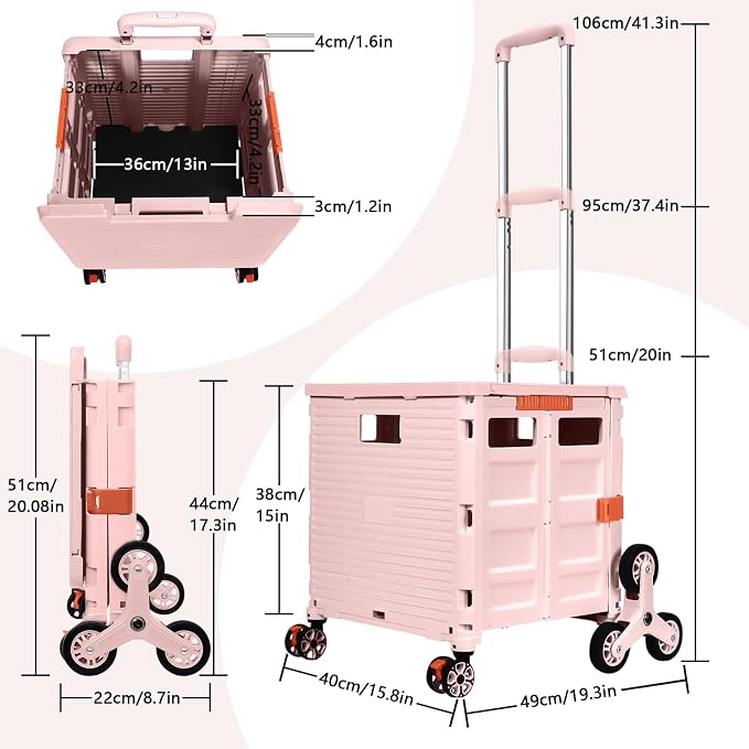 Foldable Utility Cart Portable Crate Rolling Dolly with Telescopic Handle,Can be Pulled diagonally, Magnetic Retractable Lid, 360°Swivel Climbing Wheels for Shopping Carrying Groceries Move Pink - Image 9