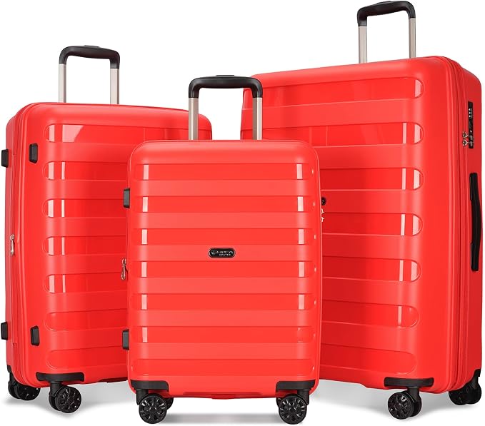 GinzaTravel PP material 3-piece expandable luggage sets with Spinner Wheels， Suitcase with TSA Lock，Large Luggage for Family Travel carry on 20/24/28，Red color by GinzaTravel
