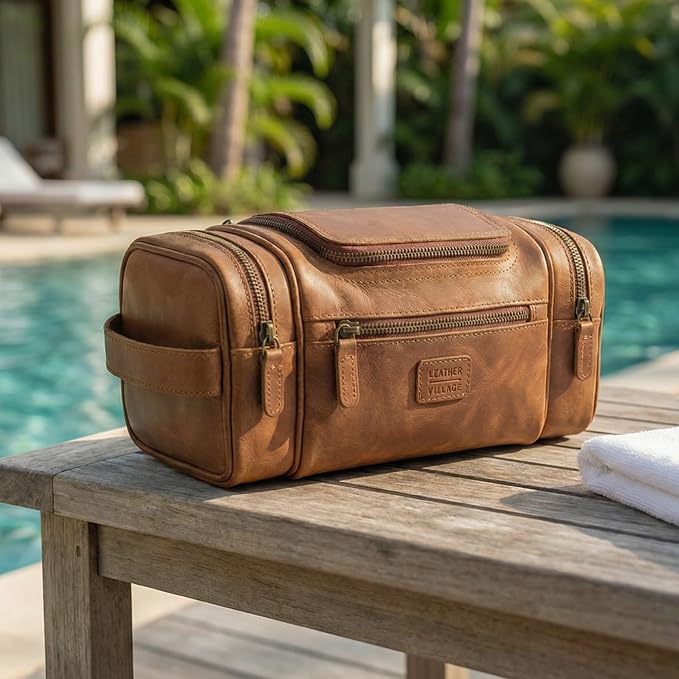 LEATHER VILLAGE Genuine Leather Travel Dopp Kit for Men & Women – Water-Resistant Large-Capacity Hanging Toiletry Bag for Travel, Grooming, Bathroom Organization, Shaving Essentials & Gym Use - Tan - Image 7