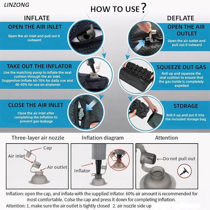 Travel Cushion Airplane Seat,Plane Seat Cushion for Long Flights,Portable Inflatable Seat Cushion for Air Travel,Office,Car and Wheelchair,Comes with Air Pump and Storage Bag - Image 3